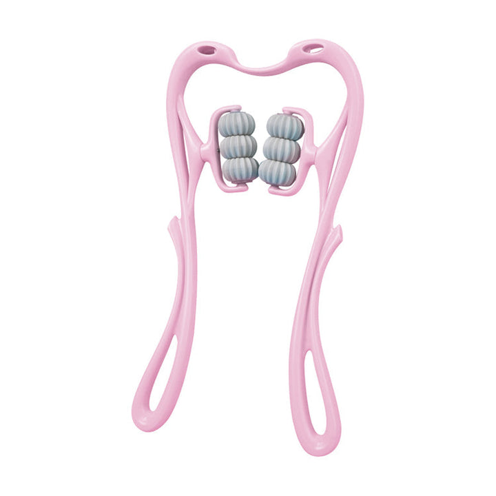 Rosa Nackenmassagegerät mit sechs Rollen, ergonomisch, Druckpunktmassage, Kunststoff.