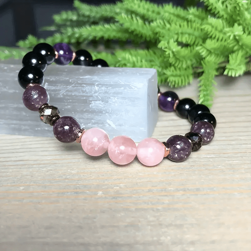 8mm Edelstein Armband mit Rosenquarz, Obsidian & Amethyst