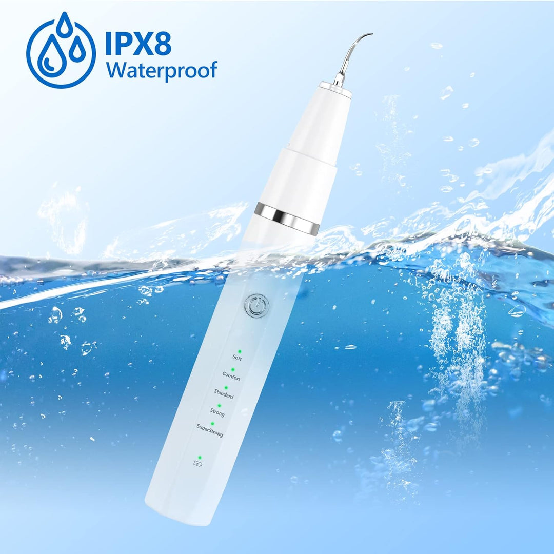 Elektrischer Zahnreiniger IPX8 wasserdicht, weiß, für Zahnsteinentfernung.