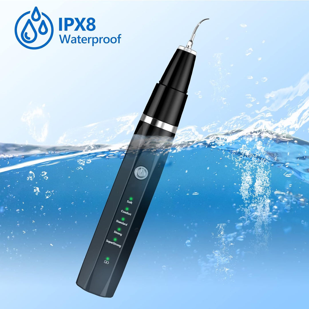 Wasserdichter Zahnreiniger IPX8, schwarz, mit LED-Anzeige, für Zahnsteinentfernung.