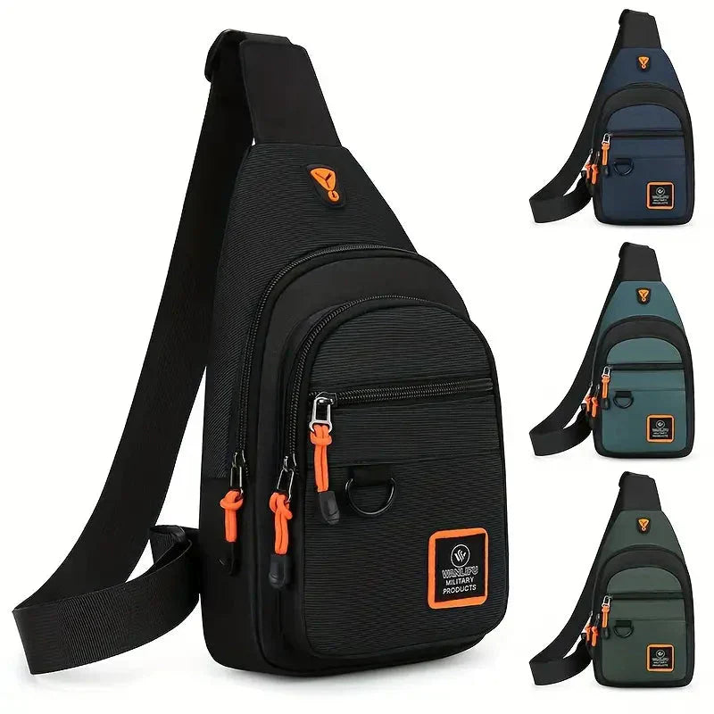 Schultertasche für Herren, schwarz, orange Akzente, Reißverschlüsse, Freizeit, Outdoor, modisch.