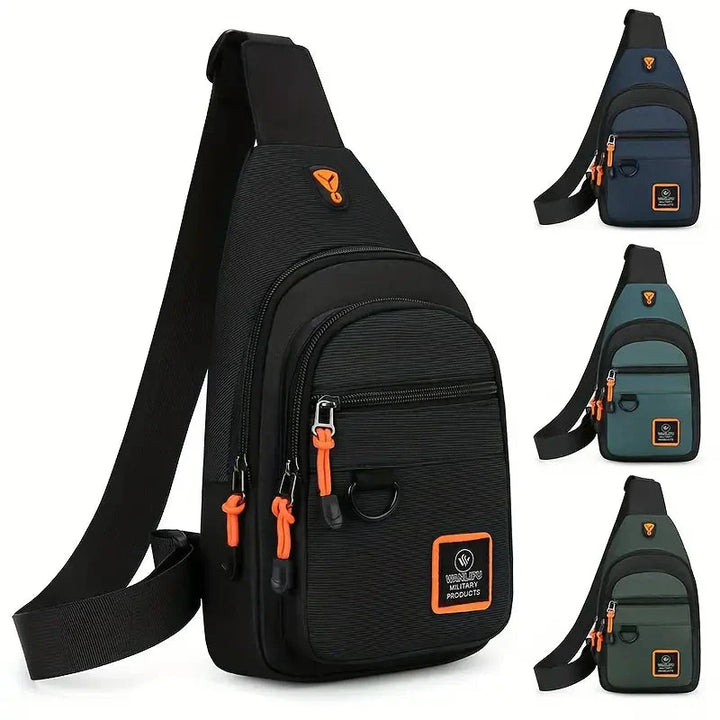 Schultertasche für Herren, schwarz, orange Akzente, Reißverschlüsse, Freizeit, Outdoor, modisch.