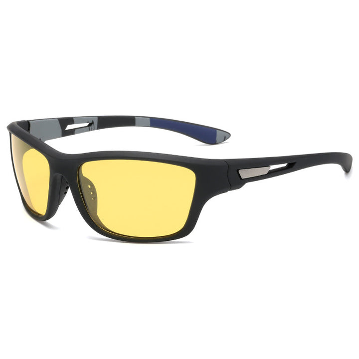 Schwarze Sport-Sonnenbrille mit gelben Gläsern, UV-Schutz, Unisex, für Outdoor-Aktivitäten.