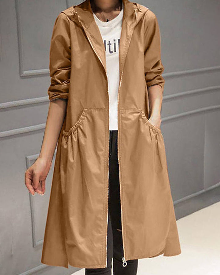 Damen-Kapuzen-Windbreaker-Trenchcoat mit Reißverschluss