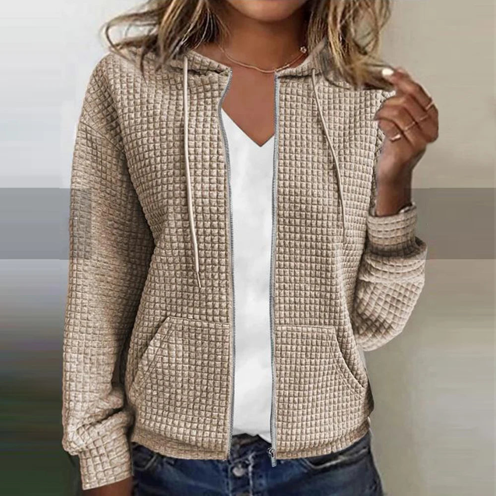Damen Kapuzen-Sweatshirt aus Waffle-Stoff mit Reißverschluss
