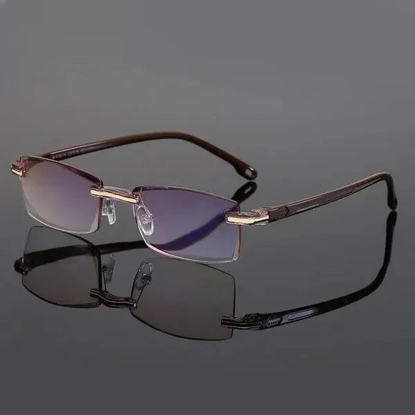 Brille ohne Rand, rechteckig, Metallrahmen, lila Gläser, stilvoll, modern, Unisex-Design.