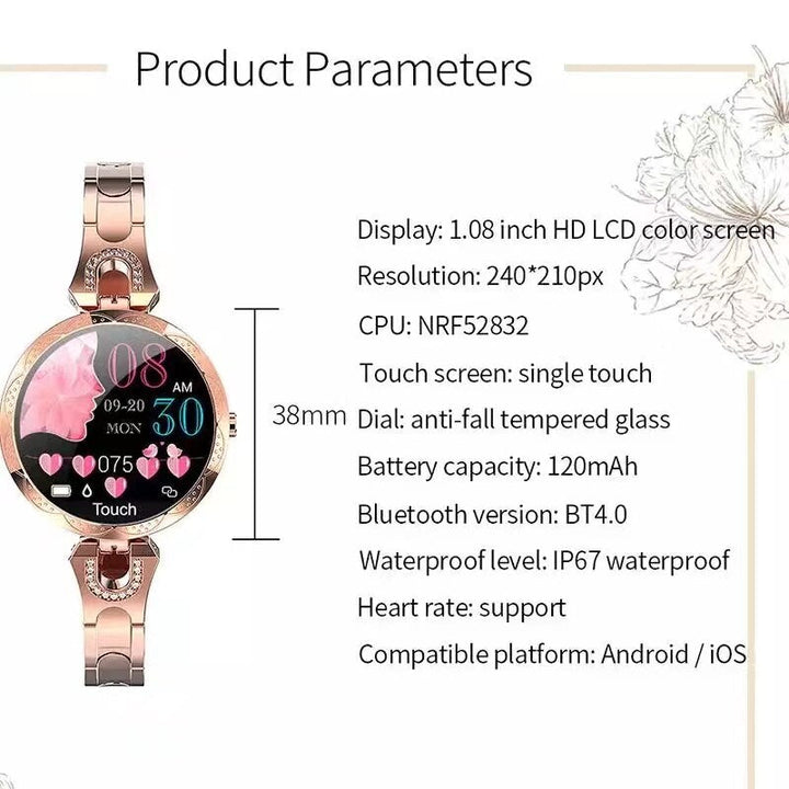 Smartwatch mit Roségold-Gehäuse, 1.08 Zoll LCD, Herzfrequenzmesser, IP67 wasserdicht.