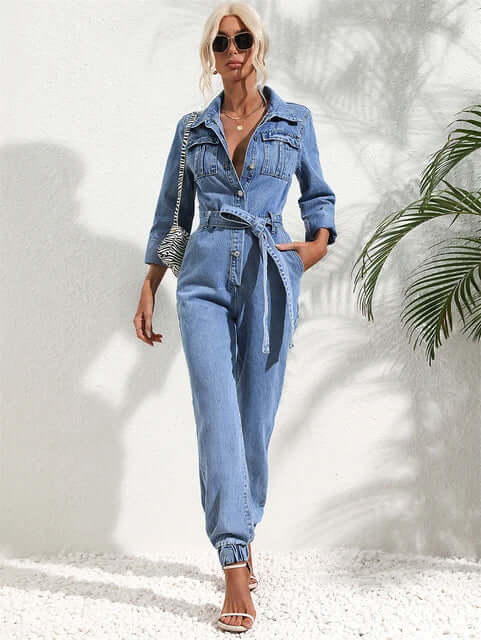 Damen Denim-Jumpsuit mit Gürtel