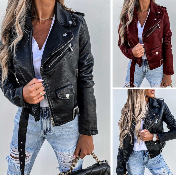 Damen Lederjacke mit Moto-Reißverschluss, Schwarz, Elegant