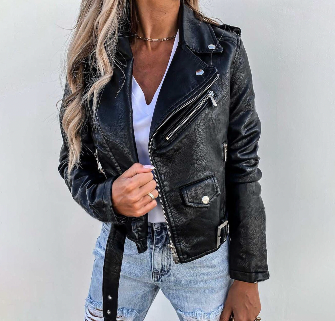 Damen Lederjacke mit Moto-Reißverschluss, Schwarz, Elegant