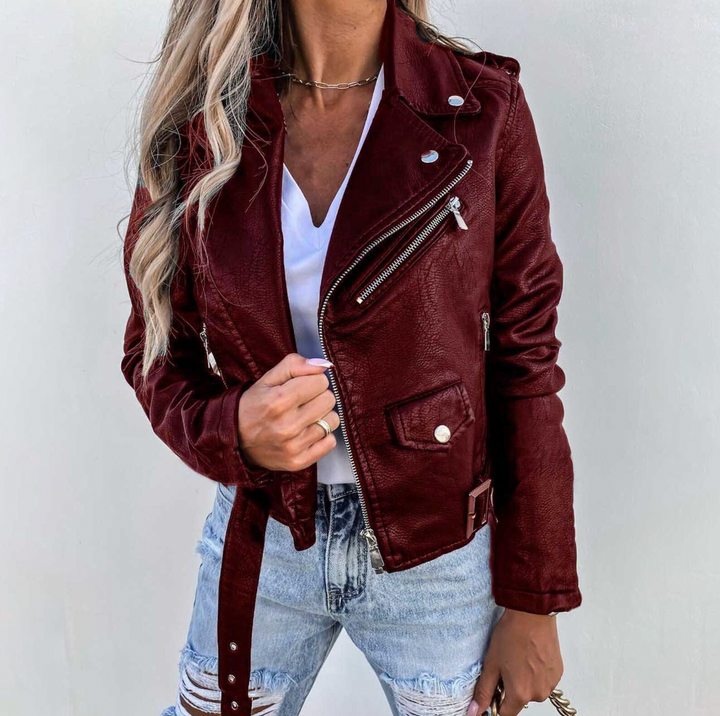 Damen Lederjacke mit Moto-Reißverschluss, Schwarz, Elegant