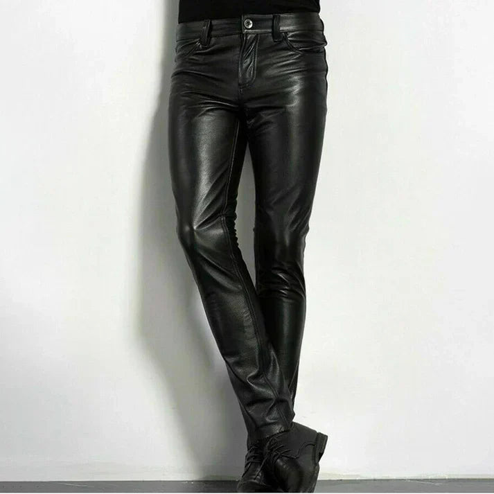 Herren Slim Fit Lederhose in Schwarz