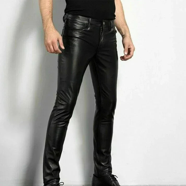 Herren Slim Fit Lederhose in Schwarz
