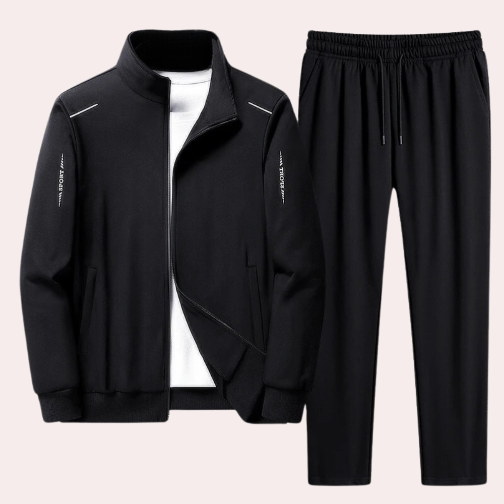 Schwarzer Herren-Trainingsanzug, Jacke und Hose, Sportbekleidung, Freizeitmode.