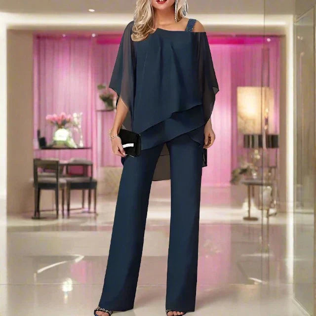 Damen Luxus-Chiffon Abendset mit Spitze und schulterfreiem Design