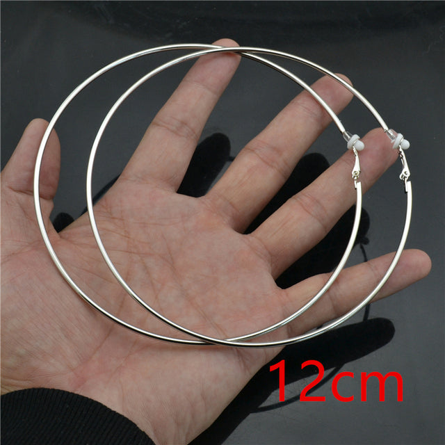 Silberne Clip-Ohrringe, großer Kreis, 12 cm, ohne Stecker, modischer Schmuck.
