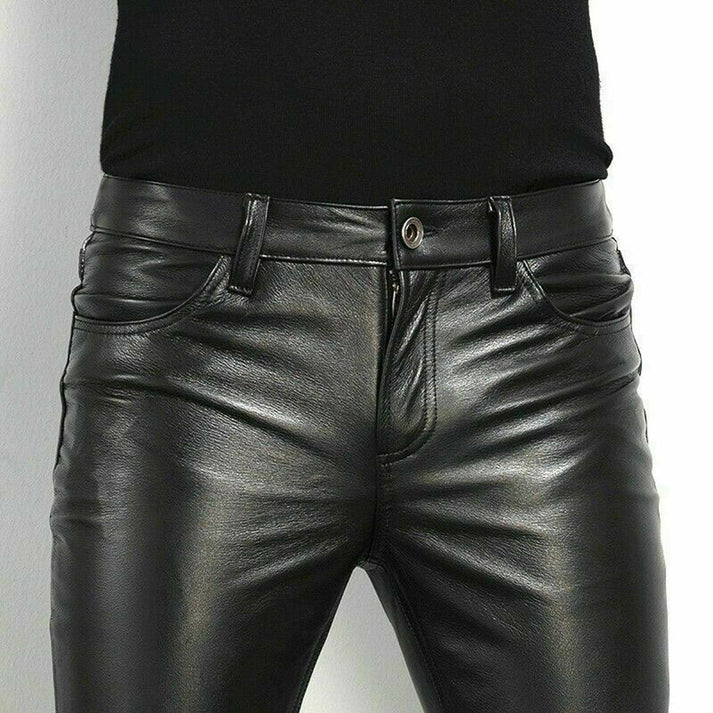 Herren Slim Fit Lederhose in Schwarz