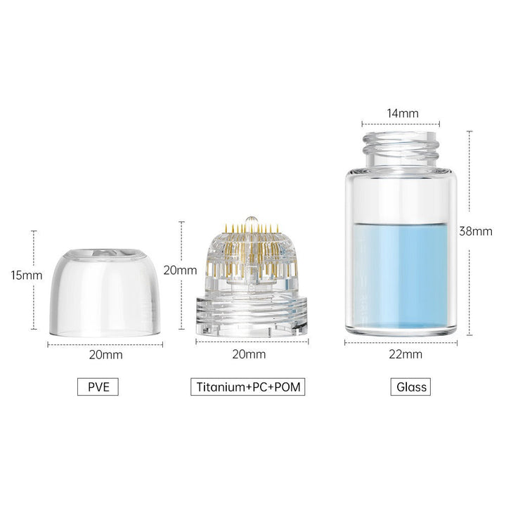 Drei transparente Behälter, Glasflasche mit blauer Flüssigkeit, Titan+PC+POM, PVE, Maße.