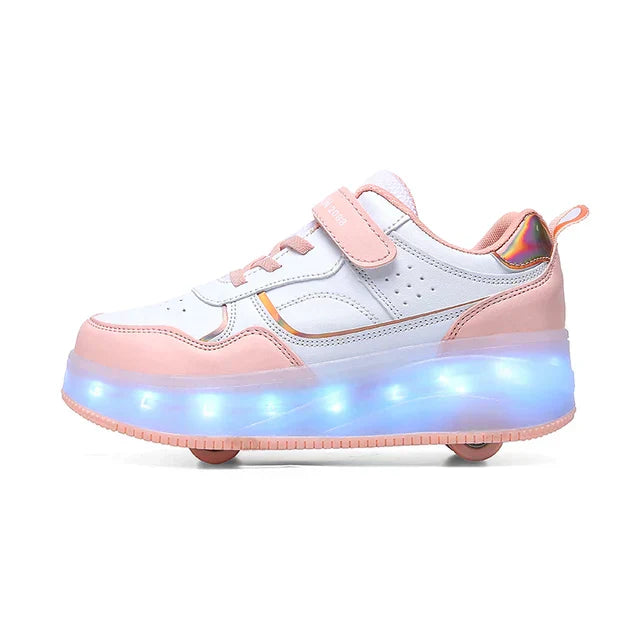 Weiße und rosa Rollschuhe mit LED-Lichtern, vier Räder, Kinder, verstellbar, blinkend.