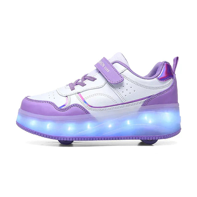 Lila LED-Rollschuhe für Kinder, vier Räder, verstellbar, blinkende Lichter, sportlich.