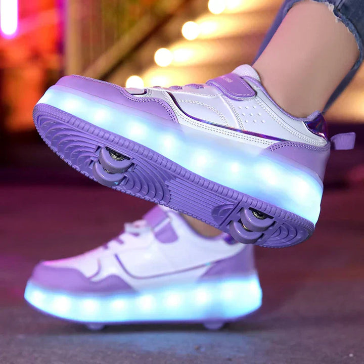 Lila LED-Rollschuhe mit vier Rädern für Kinder, leuchtend, verstellbar, modisch.