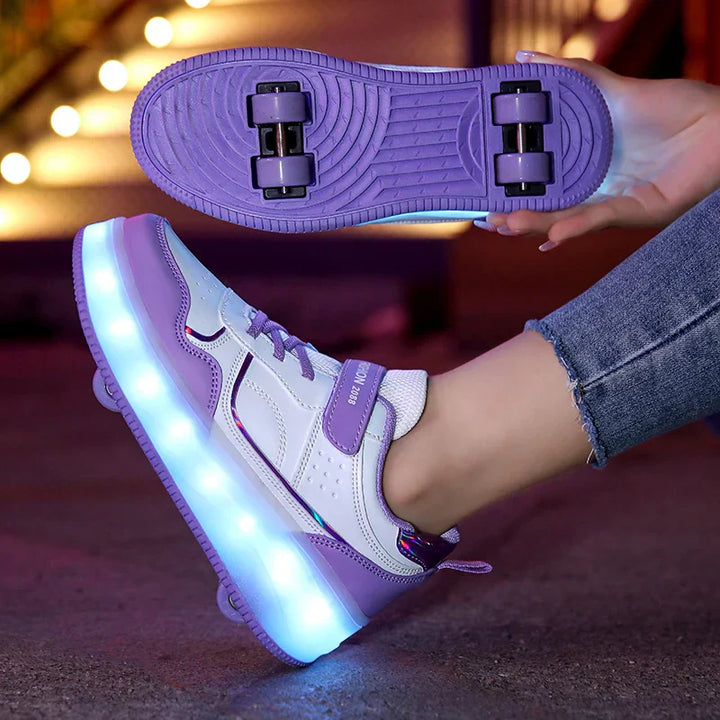 Lila LED-Rollschuhe für Kinder, vier Räder, verstellbar, leuchtend, Freizeit-Sneaker.