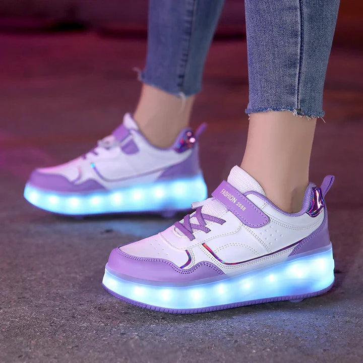 Lila LED-Rollschuhe für Kinder, vier Räder, leuchtend, verstellbar, modisch.