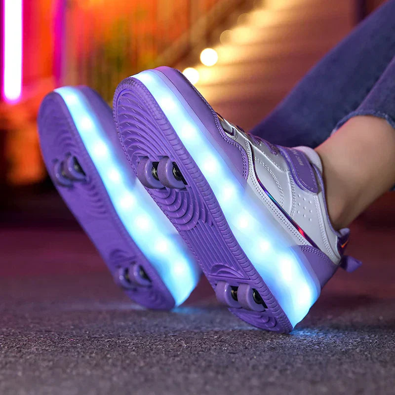 Lila LED-Rollschuhe für Kinder, vier Räder, leuchtend, verstellbar, Straßenschuhe.