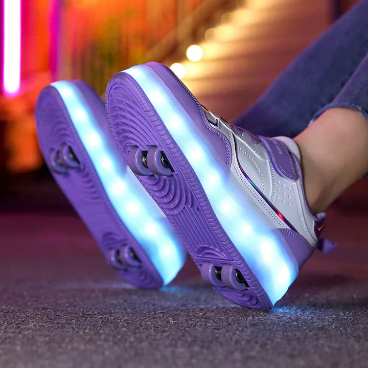 Lila LED-Rollschuhe für Kinder, vier Räder, leuchtend, verstellbar, Straßenschuhe.