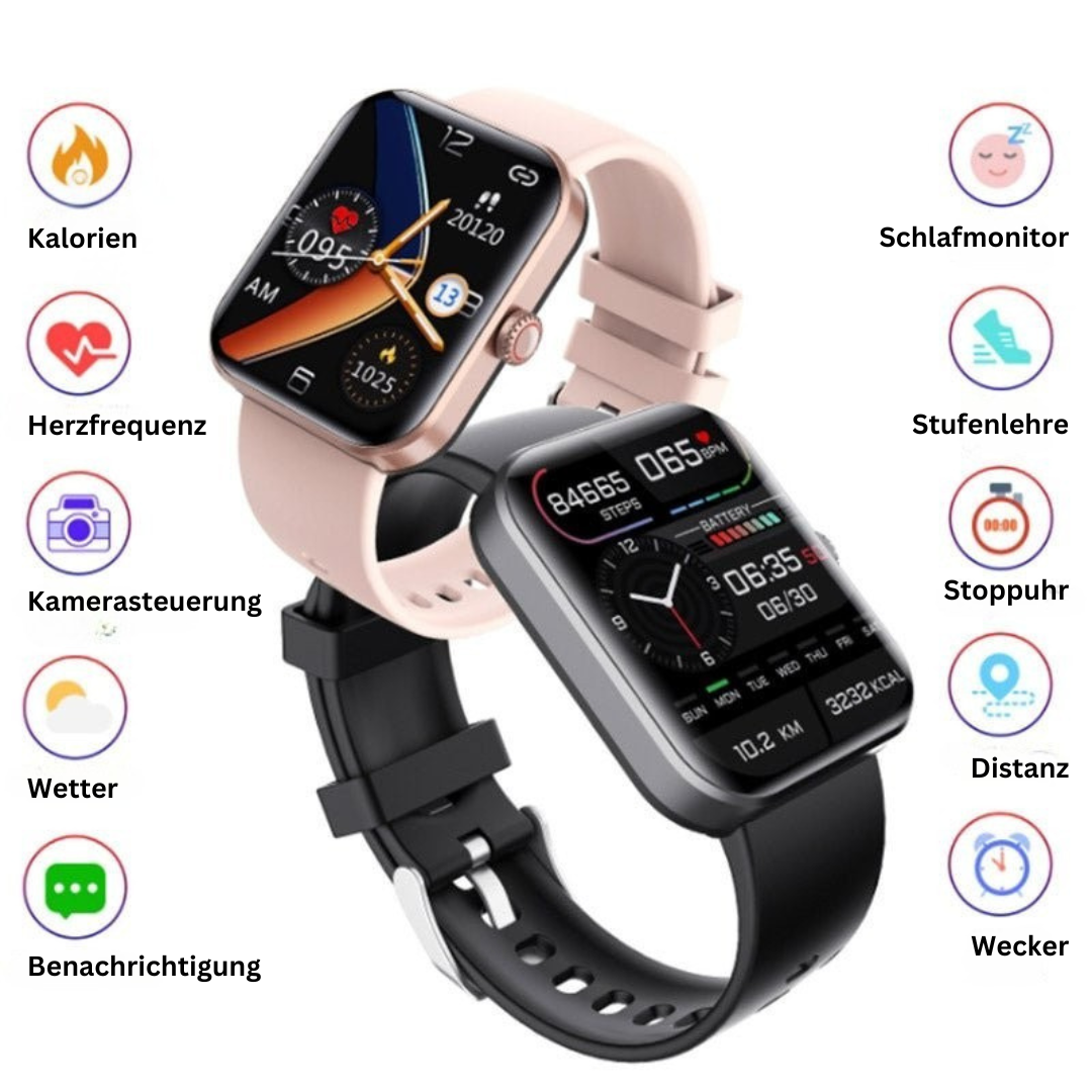 Zwei Smartwatches mit rosa und schwarzem Armband, Fitness-Tracker, Herzfrequenz, Schlafmonitor.