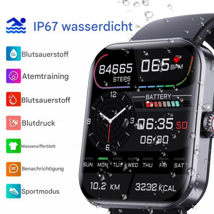 Wasserdichte Smartwatch mit Blutsauerstoffmessung, Herzfrequenz, Schrittzähler, IP67, Schwarz.