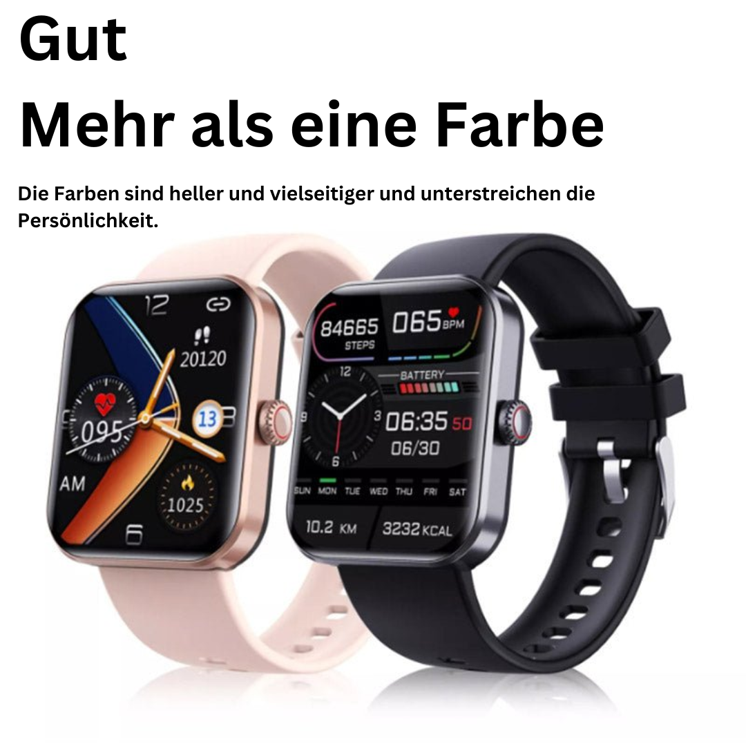 Zwei Smartwatches, rosa und schwarz, mit Fitness-Tracking-Display und Silikonarmband.