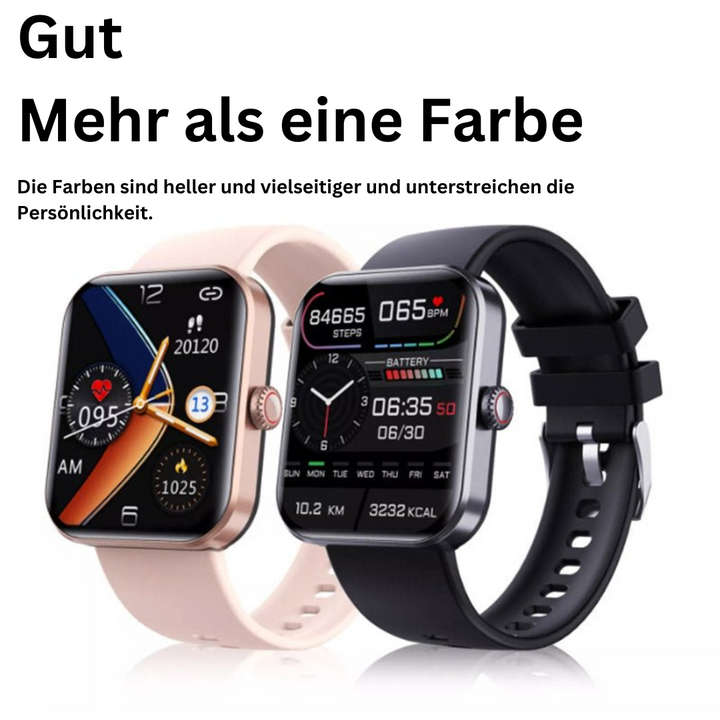 Zwei Smartwatches, rosa und schwarz, mit Fitness-Tracking-Display und Silikonarmband.