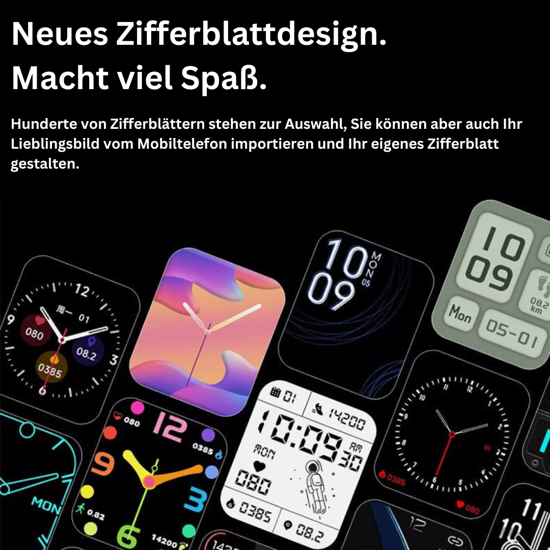 Verschiedene Smartwatch-Zifferblätter, modernes Design, individuell anpassbar.