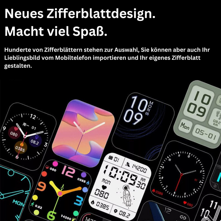Verschiedene Smartwatch-Zifferblätter, modernes Design, individuell anpassbar.
