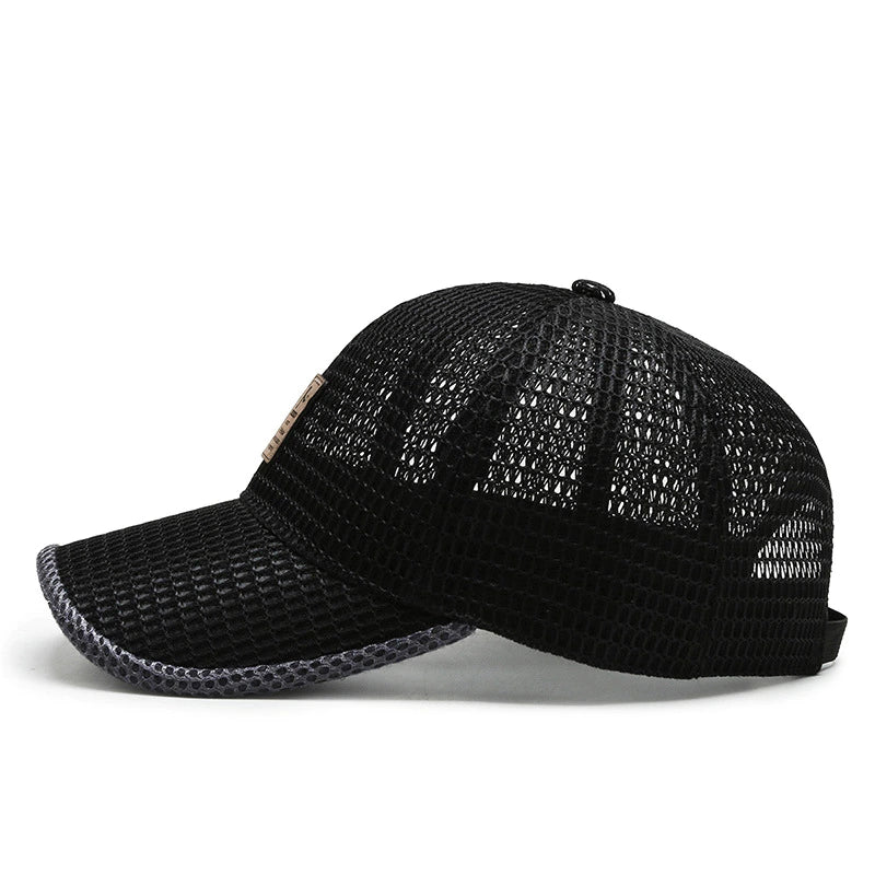 Schwarze Mesh-Baseballkappe, atmungsaktiv, verstellbar, Unisex, Sport-Accessoire.