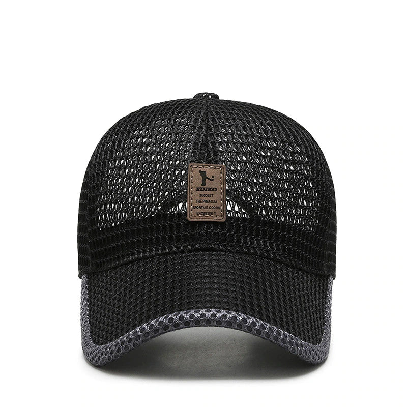Schwarze Mesh-Baseballkappe mit grauem Rand und Lederetikett, atmungsaktiv, Unisex.