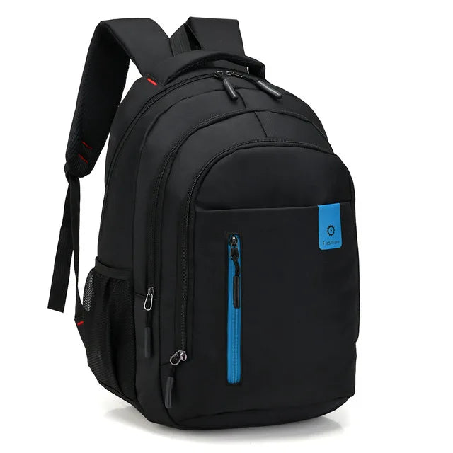 Schwarzer wasserdichter Oxford-Rucksack, Business-Computer-Tasche, blaues Detail.