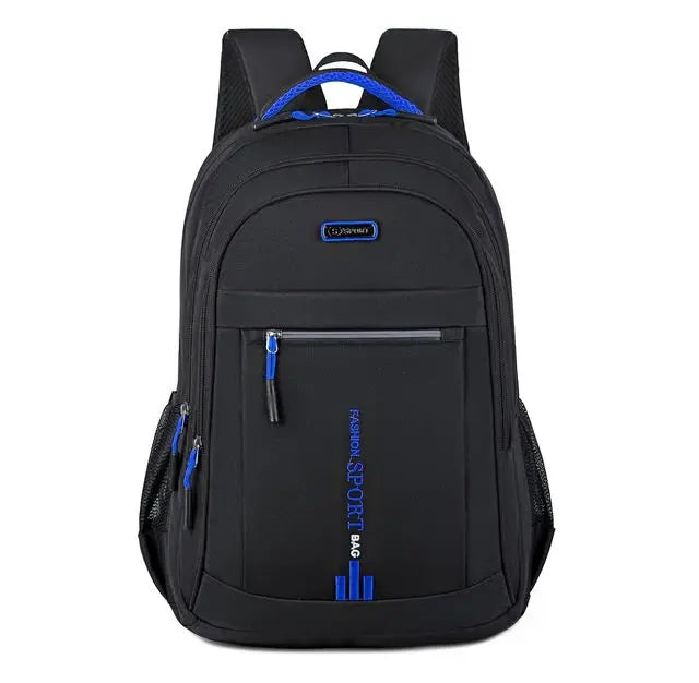 Schwarzer wasserdichter Oxford-Rucksack, Business-Computer-Tasche, blaues Detail.