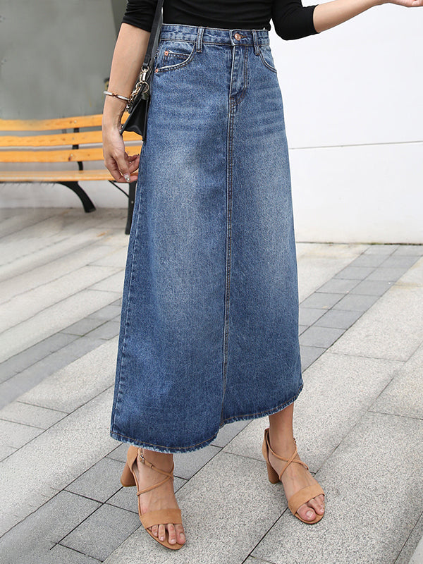 Damen Jeansrock mit Hoher Taille und Taschen in Blau