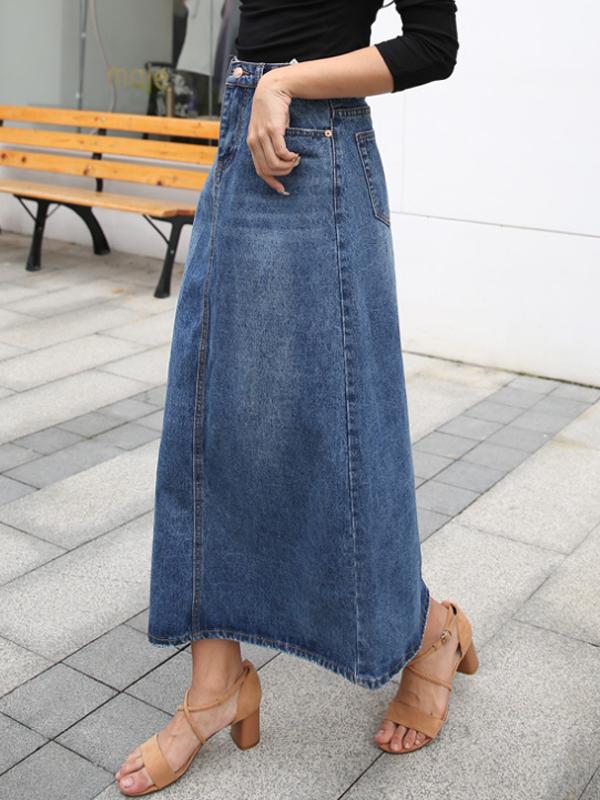 Damen Jeansrock mit Hoher Taille und Taschen in Blau