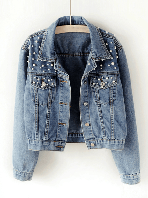 Damen Jeansjacke mit Strass- und Perlenbesatz