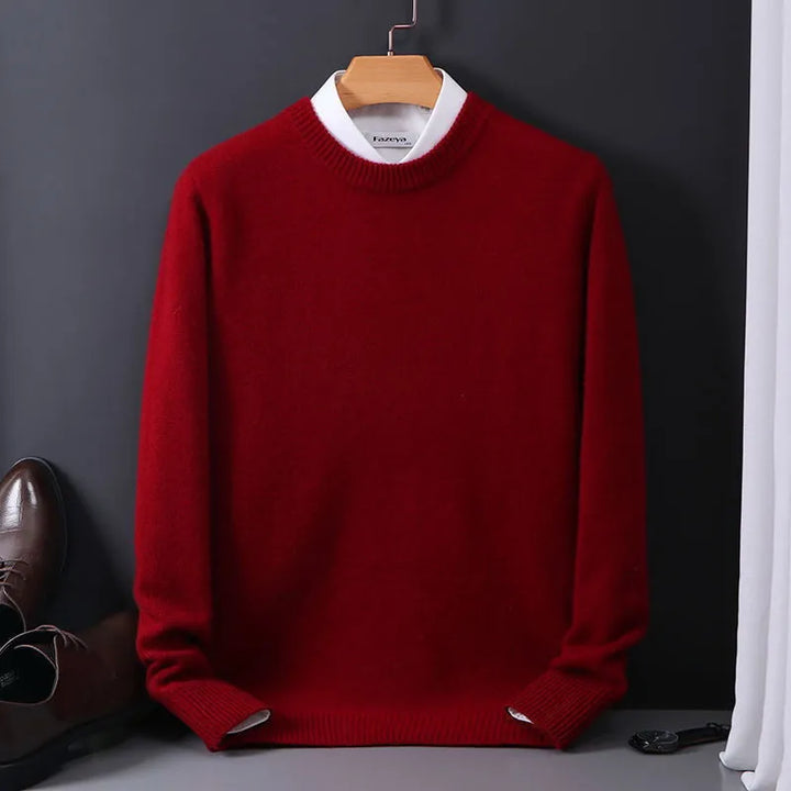 Roter Herrenpullover aus Wolle, Rundhalsausschnitt, elegant, warm, modisch, Herbstmode.