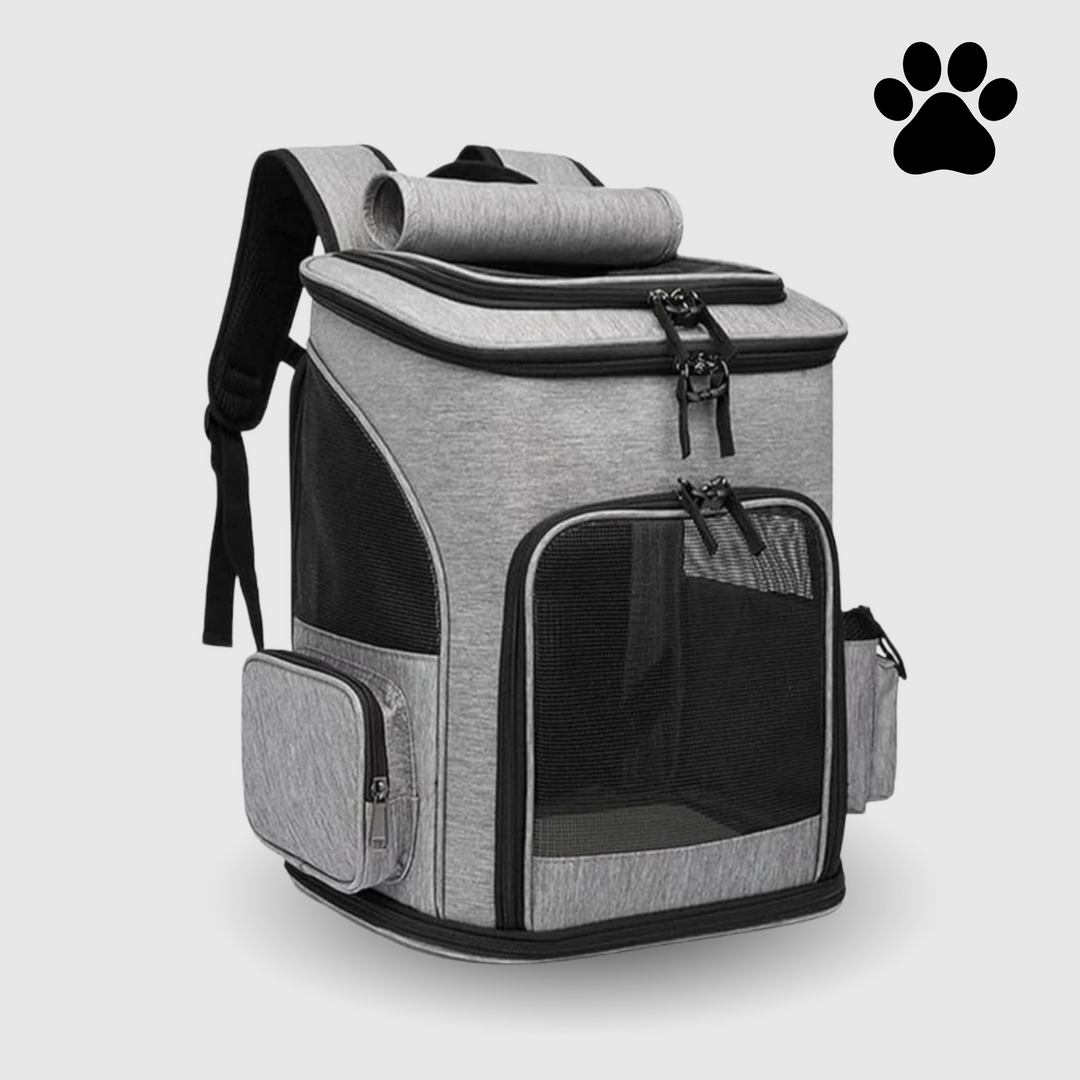 Grauer Haustier-Rucksack mit Netzfenster, Reißverschlüssen und Seitentaschen für Hunde und Katzen.