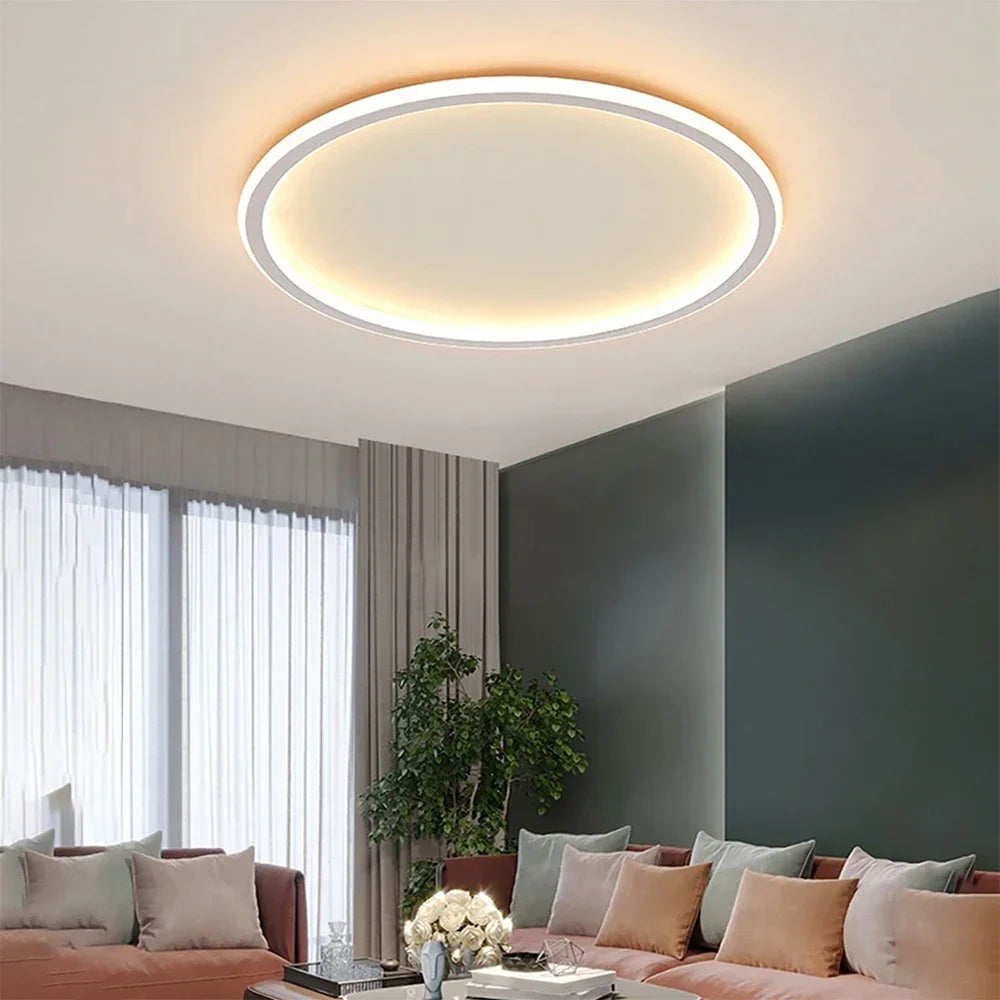 Moderne runde LED-Deckenleuchte, nordisches Design, Wohnzimmer, energiesparend, weiß.