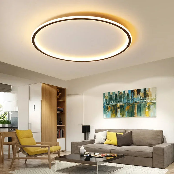 Moderne LED-Deckenleuchte, rund, nordisches Design, Wohnzimmer, energiesparend, weiß.