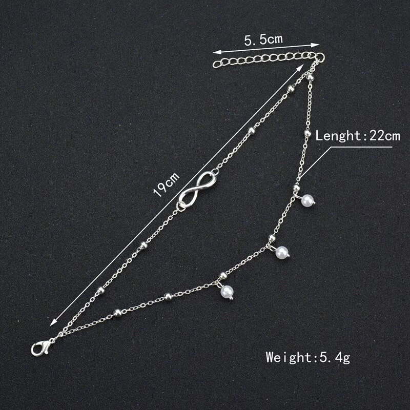 Silbernes Infinity-Fußkettchen mit Perlen, verstellbar, 22 cm Länge, 5,4 g Gewicht.