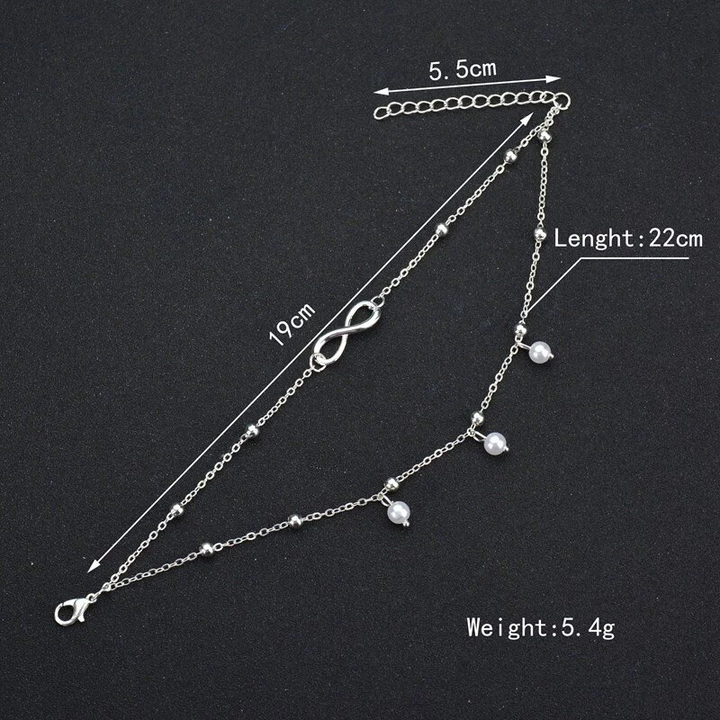Silbernes Infinity-Fußkettchen mit Perlen, verstellbar, 22 cm Länge, 5,4 g Gewicht.