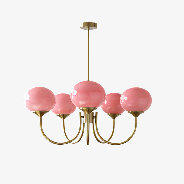 Rosa Kronleuchter mit goldenen Armen, modernes Design, Glas, Wohnzimmerbeleuchtung.