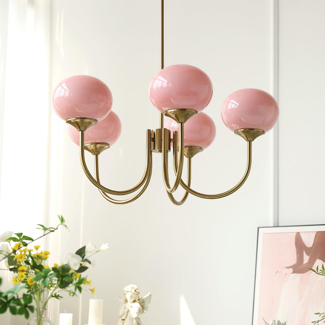 Rosa Kronleuchter mit goldenen Armen, modernes Design, Wohnzimmerbeleuchtung, Inneneinrichtung.